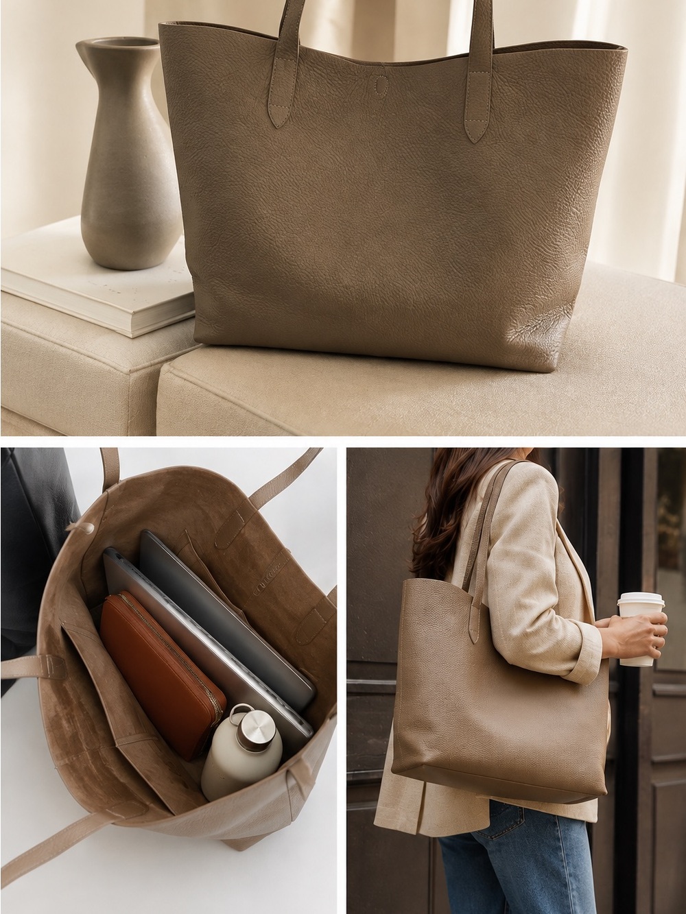 Cuyana Classic Pebble Leather Tote Cappuccino Taupe Large